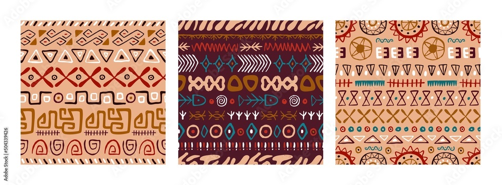 Aufkleber seamless ethnic patterns with african tribal elements print. abstract backgrounds with ancient ornam