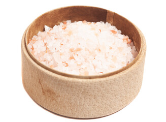 Large crystals pink Himalayan salt in a wooden box isolated on white background
