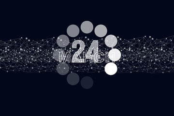 March 24th. Day 24 of month, Calendar date. Luminous loading digital hologram calendar date on dark blue background. Spring month, day of the year concept.