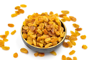 Dried raisins on a white background. Healthy and fresh.nuts. Close-up.