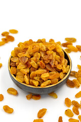 Dried raisins on a white background. Healthy and fresh.nuts. Close-up.
