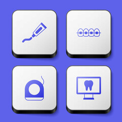 Set Tube of toothpaste, Teeth with braces, Dental floss and Online dental care icon. White square button. Vector