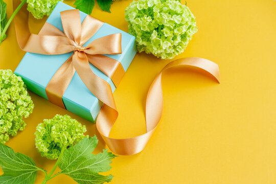 黄色い無地の背景と青いプレゼントと緑のビバーナムのさわやかなプレゼントのイメージ　父の日