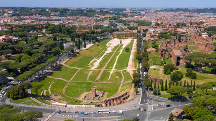 Fototapeta na wymiar Aerial view of Circus Maximus, an ancient Roman chariot-racing stadium and mass entertainment venue in Rome, Italy. Now it's a public park but it was the first and largest stadium in ancient Rome.