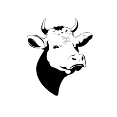 Silhouette of cow head with horns. Suitable for logo design. Vector illustration in black and white
