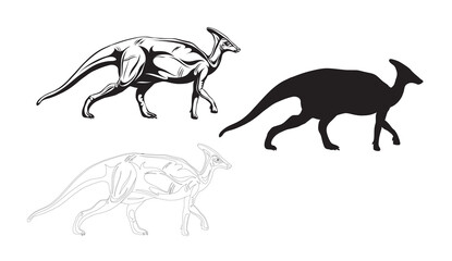Parasaurolophus, dinosaur realistic image, vector, positions, illustration, black and white, silhouette, logo, trademark, chevron for decoration and design, packaging and posters