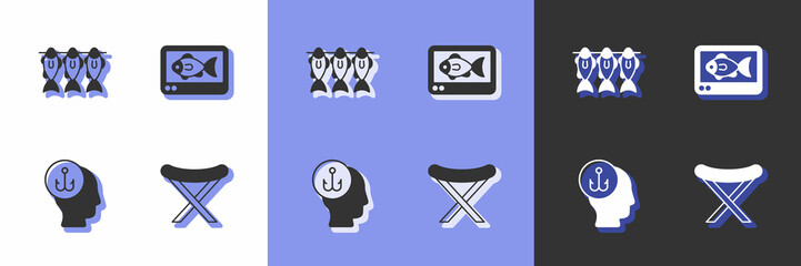 Set Camping folding chair, Dried fish, Fisherman and finder echo sounder icon. Vector