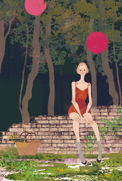 夜の森_夜の森で風船を持ちながらレンガに座っている女性