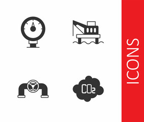 Set CO2 emissions in cloud, Motor gas gauge, Oil pipe with valve and platform the sea icon. Vector