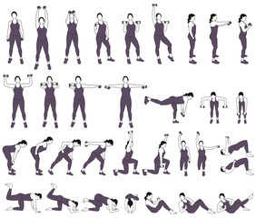 Big set of vector silhouettes of woman  working out with dumbbells. Illustrations of sportive girl  in costume doing fitness exercises with weights for muscles of arms and legs. Fintess Icons.