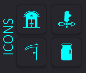 Set Glass jar with screw-cap, Farm house, Rooster weather vane and Scythe icon. Black square button. Vector