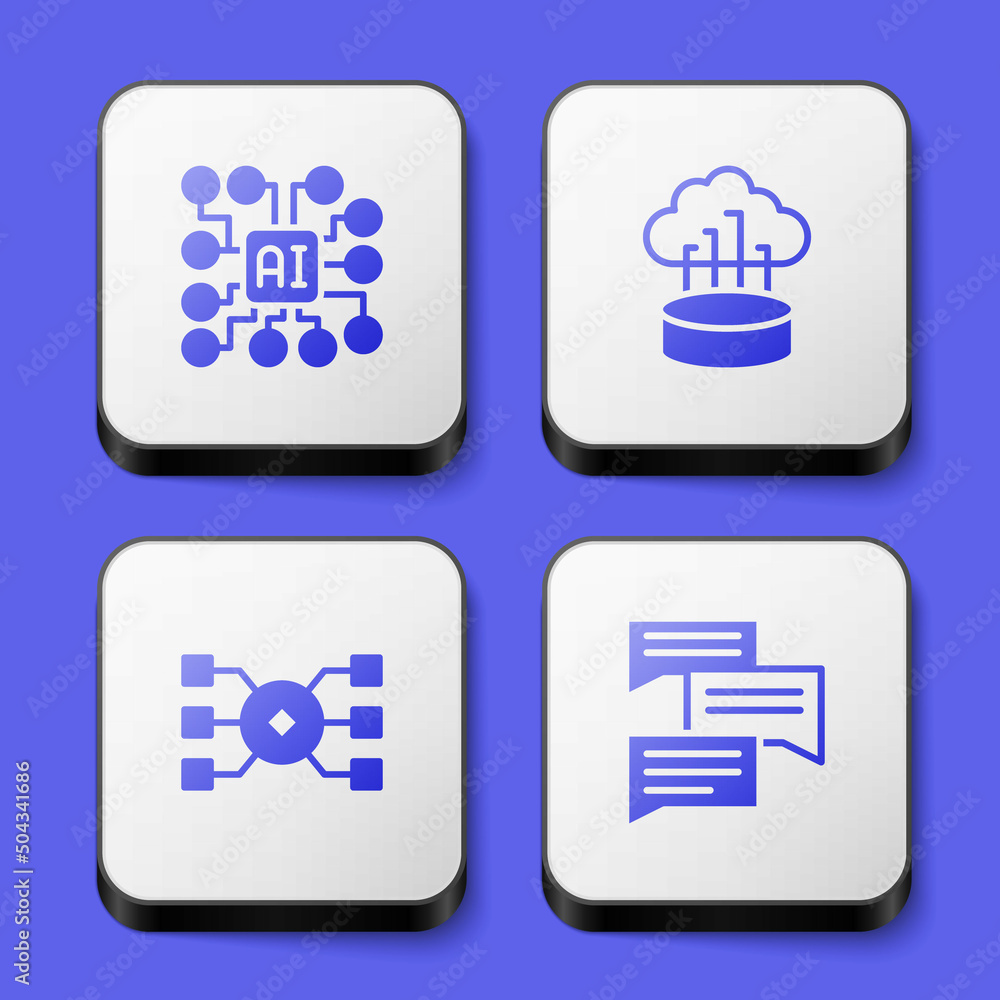 Poster Set Neural network, Network cloud connection, and Speech bubble chat icon. White square button. Vector