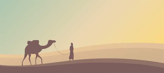 Silhouette of a camel and a bedouin in a hot desert. Animal of Africa on the way. Landscape with sand dunes and sunrise. Vector cartoon background illustration