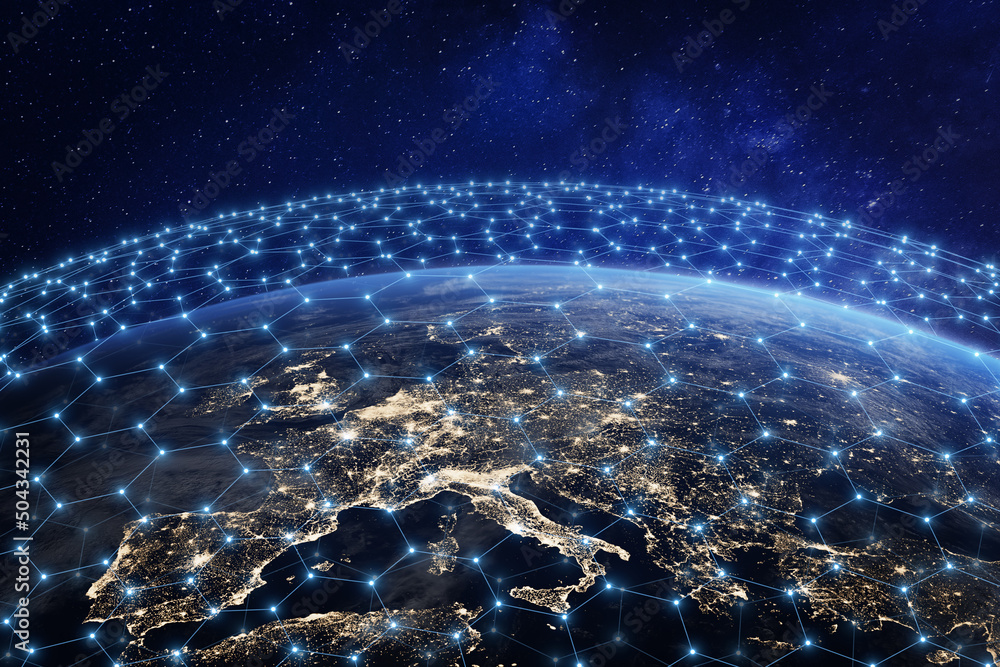 Wall mural global telecommunication network above europe viewed from space. internet connection and satellite c
