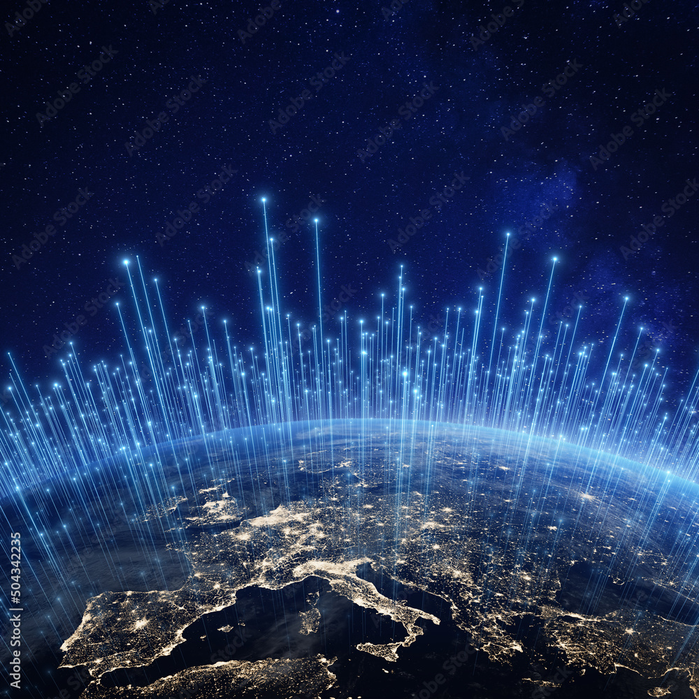 Wall mural global communication network above europe viewed from space. internet cellular connection and satell