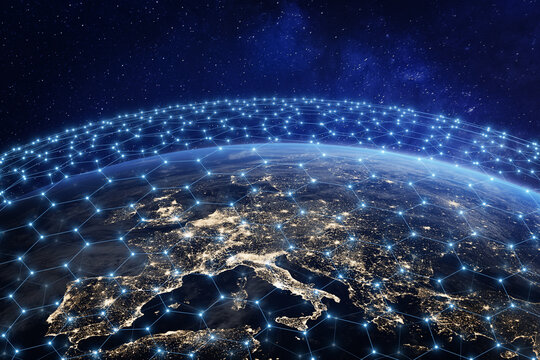 Global telecommunication network above Europe viewed from space. Internet connection and satellite communication technology around the world. Elements from NASA.