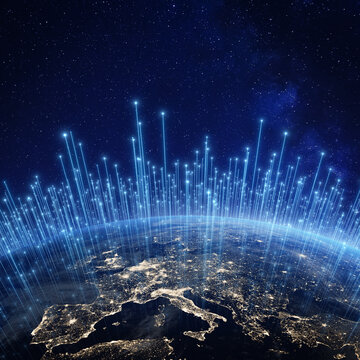 Global communication network above Europe viewed from space. Internet cellular connection and satellite telecommunication technology around the world. Elements from NASA.