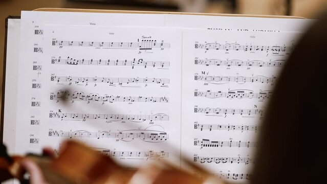 Symphony Orchestra Performance, Close-Up of Violine and Music Sheet