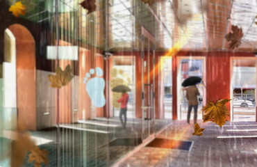 Obraz na płótnie Canvas people silhouette with umbrella on rainy street orange modern buildings windows glass reflection , architecture at rainy cirty urban background weather