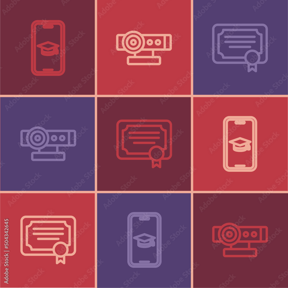Poster set line graduation cap on mobile, certificate template and web camera icon. vector