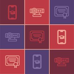 Set line Graduation cap on mobile, Certificate template and Web camera icon. Vector