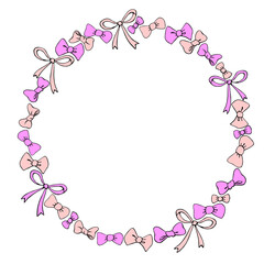 Vector frame, border, wreath from pink bows, ribbons. Simple background, decoration in doodle style for girls design, holidays