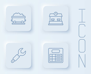 Set line Coal train wagon, Railway station, Wrench spanner and Train board. White square button. Vector