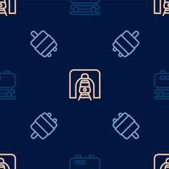 Set line Oil railway cistern, Suitcase and Train in tunnel on seamless pattern. Vector