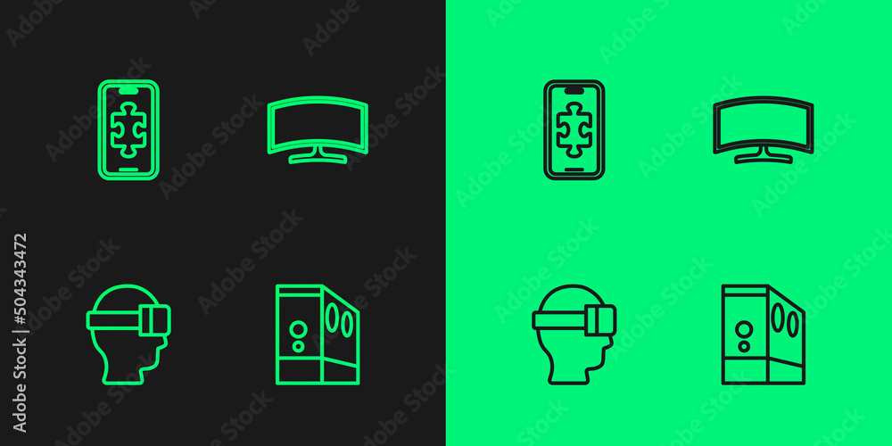 Poster set line case of computer, virtual reality glasses, mobile gaming and computer monitor icon. vector