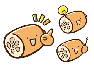 色々な表現ポーズをするかわいいレンコンのキャラクターの手書き風イラストセット