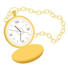 Pocket watch vector illustration in a flat style. Gold watch on a chain in vintage style. Icon for design and applications