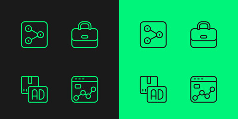 Set line Market analysis, Advertising, Share and Briefcase icon. Vector