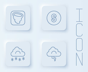 Set line Tornado, Compass south, Cloud with snow and and lightning. White square button. Vector