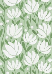 Floral print with hand-drawn white flowers with the texture of oil paint on a green sage background.