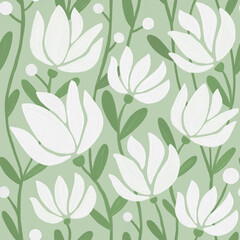Seamless pattern with hand-drawn white flowers with the texture of oil paint on a green sage background.