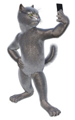 Anthropomorphic gray cat standing and making selfie with a smartphone. 3d render isolated on white