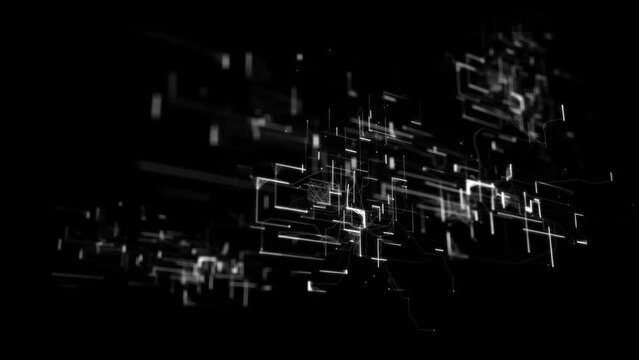 Abstract video footage on a dark background. Background with moving lines, dashes and dots. Technology, science, architecture