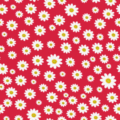 Wild field flowers of chamomile. Seamless summer pattern with large white flowers on a red background. For printing on fabric, textiles. 