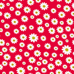 Wild field flowers of chamomile. Seamless summer pattern with large white flowers on a red background. For printing on fabric, textiles. Vector.