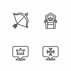Set line Crusade, King crown, Medieval bow and arrow and throne icon. Vector