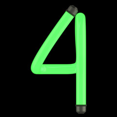 Number 4 made of green neon lamp, isolated on black, 3d rendering