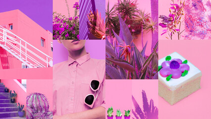 Set of trendy aesthetic photo collages. Minimalistic images of top colors. Pink and purple moodboard