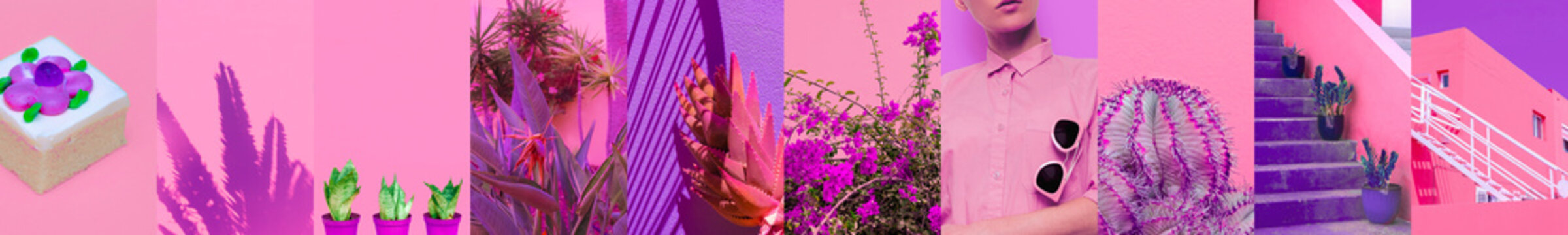 Set of trendy aesthetic photo collages. Minimalistic images of top colors. Pink and purple moodboard