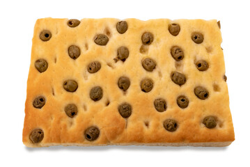 Italian focaccia with pitted green olives, olive oil, square slice, top view, isolated on white - clipping path