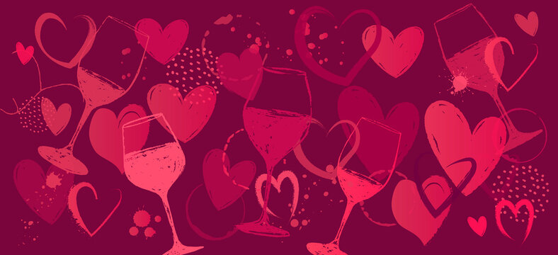 Background drawing with hearts, bottles, glasses of wine or drinks. Banner with loving illustration. Background for love and wine designs. Decorative, beautiful. vector
