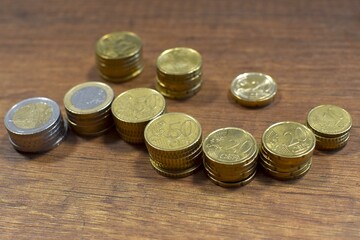 European metal coins 2 and 1 euro and 10,20 and 50 cents