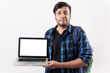 indian student presenting blank empty laptop screen in white background