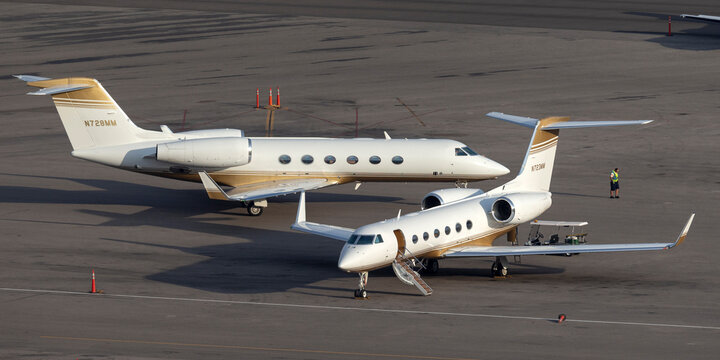 Las Vegas, Nevada, USA - May 5, 2013: Gulfstream G-IV-X luxury business jet N723MM at McCarran International Airport Las Vegas.