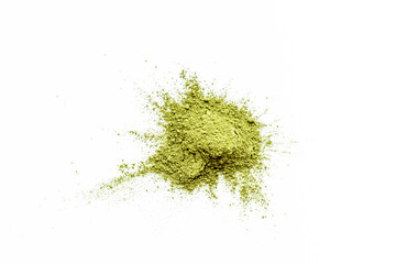 Splash of matcha tea powder on white background