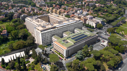 Aerial view of the main headquarters of the United Nations Food and Agriculture Organization, known...
